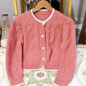 Pink Cable Knit Cardigan White Trim Preppy Cottage Core 🌸